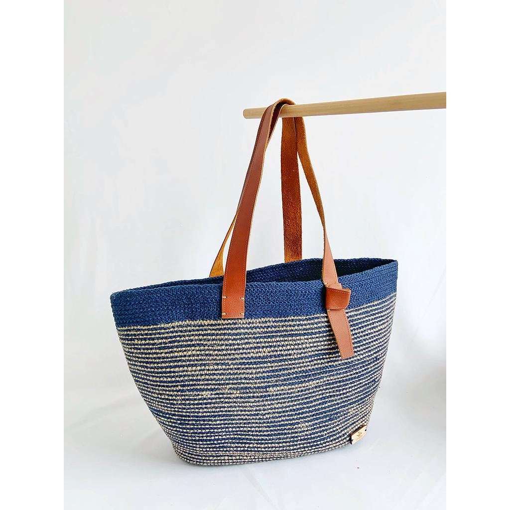 [H-10ac] Bolso Goldfinch azul con yute y cuero