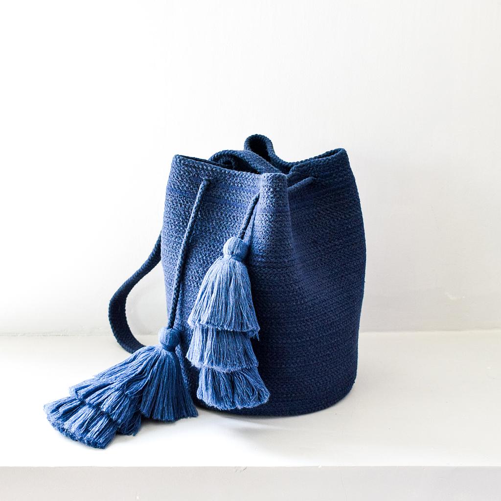 [H-34a] Pom Pom Bucket Shoulder Bag Blue